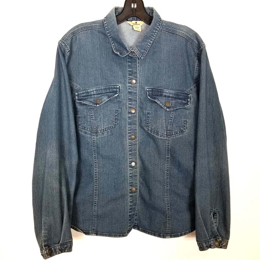 Woolrich Denim Shirt Women's Sz L Blue Indigo Button Up Jean Outdoor Casual